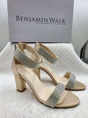 Benjamin Walk Gold Crystal Ankle-Strap Block Heel Sandals